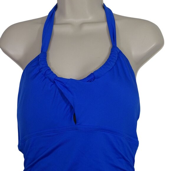 Merona Blue Ruched Halter One Piece Swimsuit Women Size M Padded FLAW - Picture 2 of 13